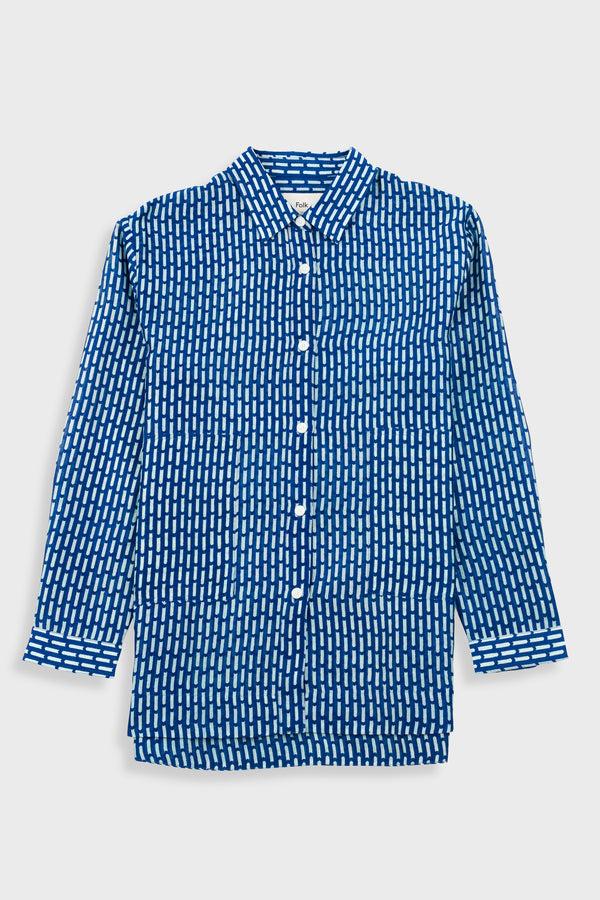 folk Boyfriend Shirt - Cobalt Ecru Dash Print
