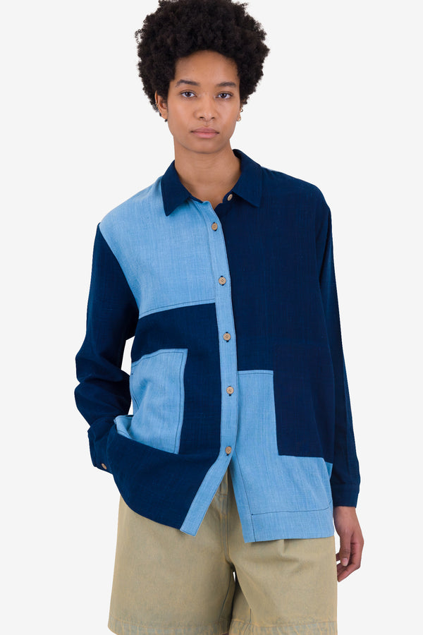 Folk Boyfriend Shirt - Indigo Patchwork