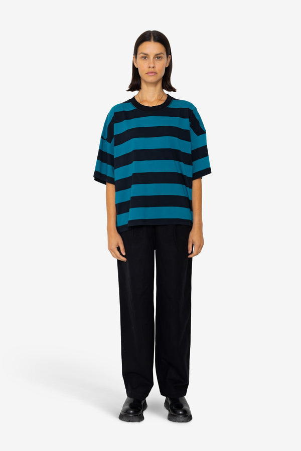 Folk Boyfriend T-Shirt - Navy Teal Stripe