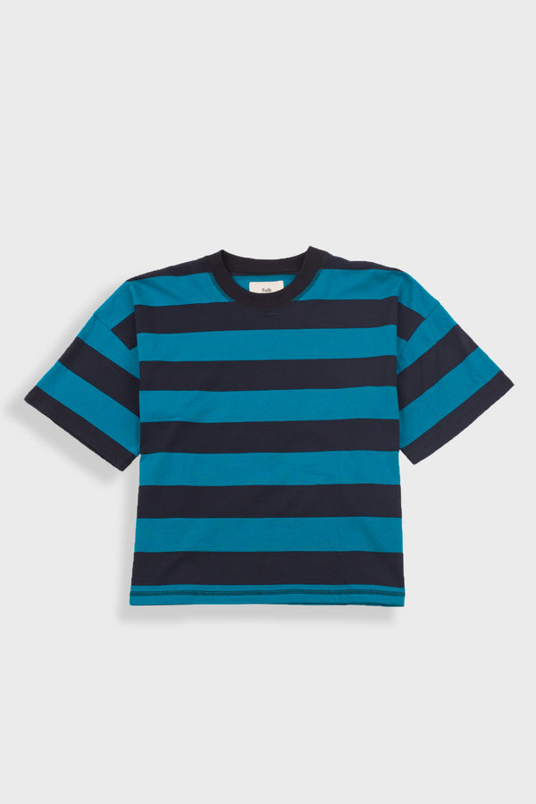 folk Boyfriend T-Shirt - Navy Teal Stripe