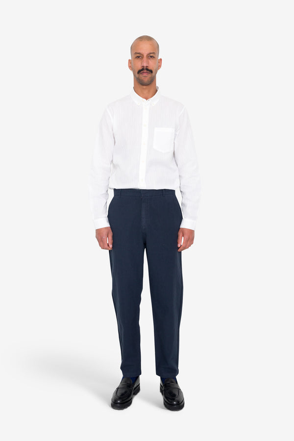 Folk Fixed Waistband Cotton Linen Trouser - Navy