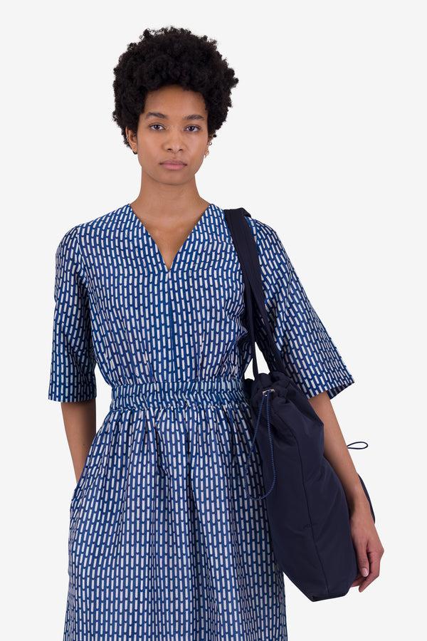 Folk Gathered Dress - Cobalt Ecru Dash Print