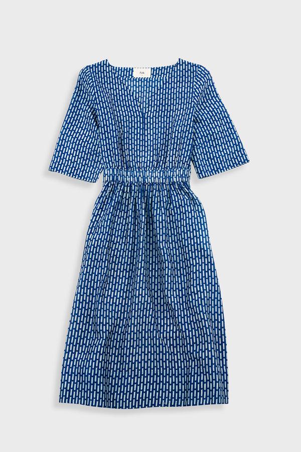 Folk Gathered Dress - Cobalt Ecru Dash Print