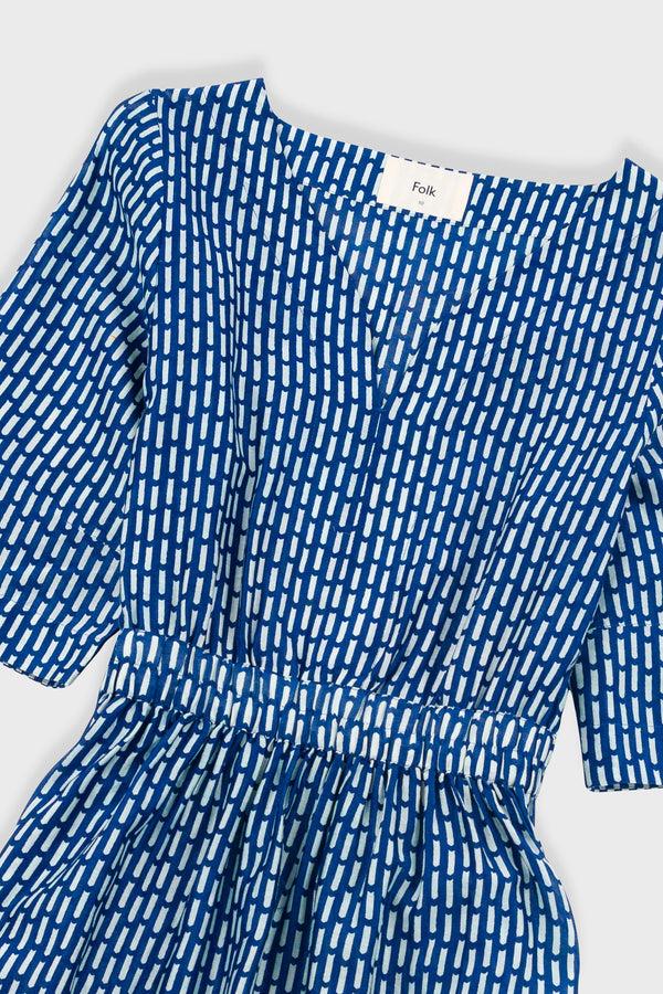 Folk Gathered Dress - Cobalt Ecru Dash Print