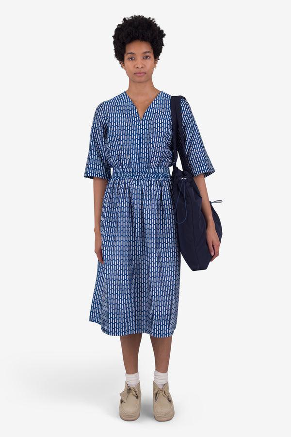 folk Gathered Dress - Cobalt Ecru Dash Print