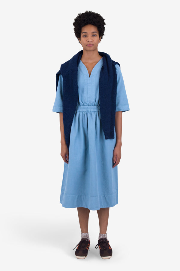 Folk Gathered Dress - Light Indigo Topstitch