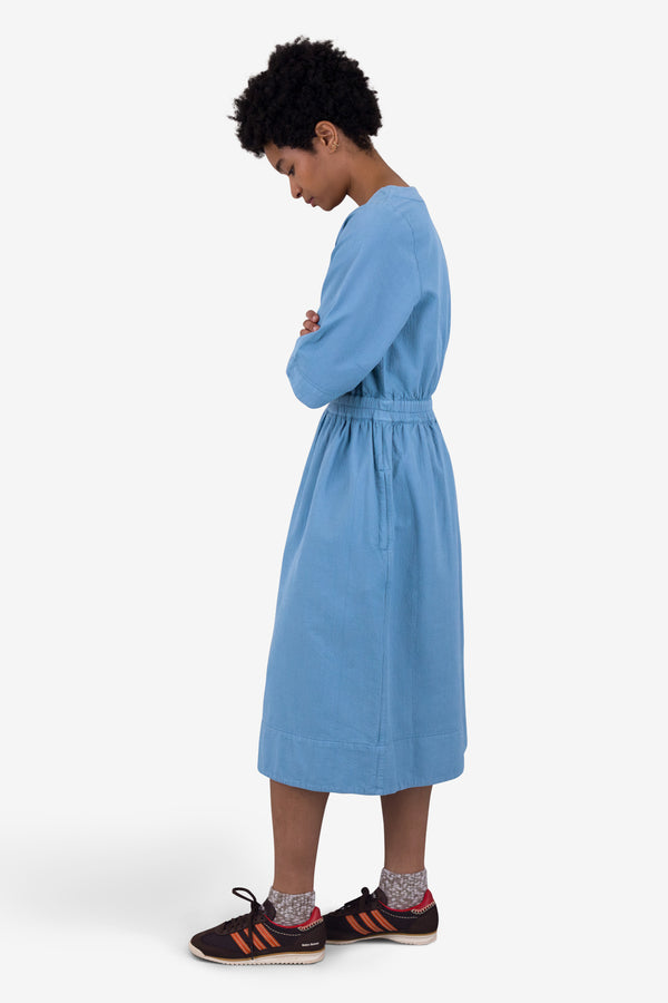 Folk Gathered Dress - Light Indigo Topstitch