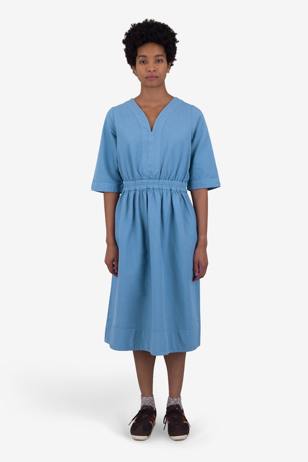 Folk Gathered Dress - Light Indigo Topstitch