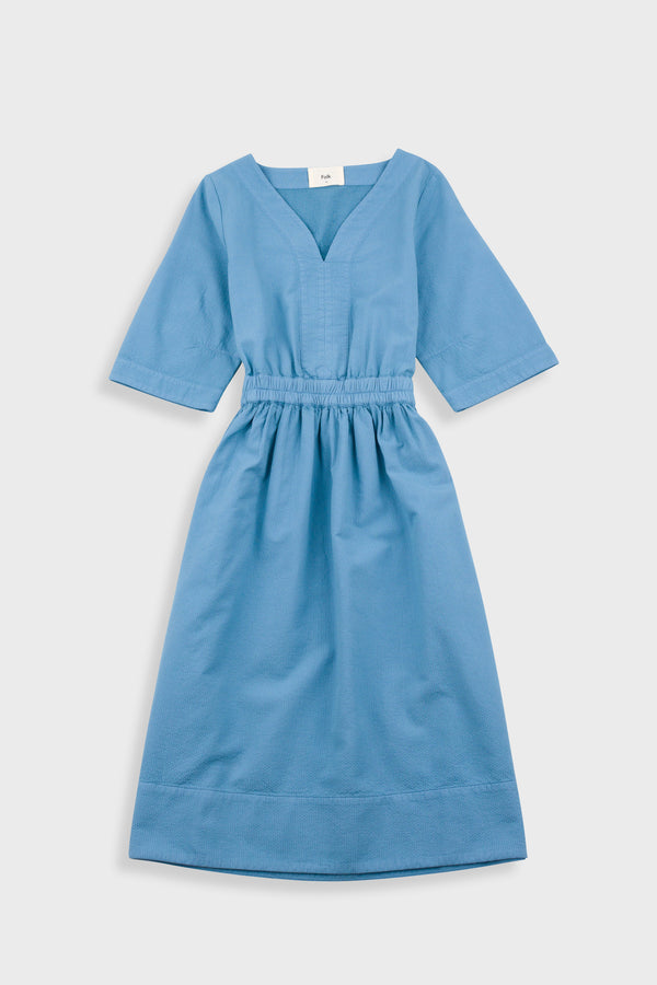 folk Gathered Dress - Light Indigo Topstitch