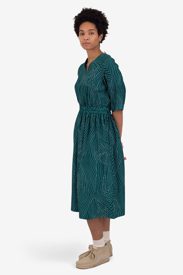 Folk Gathered Dress - Vintage Green Stitch Print