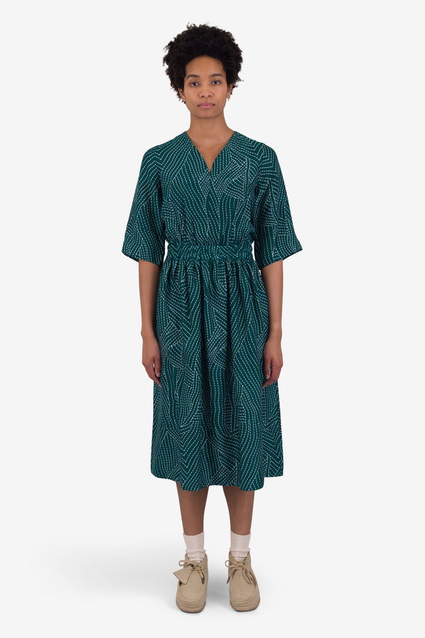 Folk Gathered Dress - Vintage Green Stitch Print