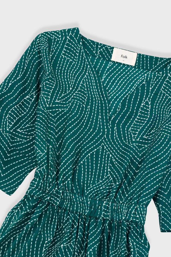 Folk Gathered Dress - Vintage Green Stitch Print