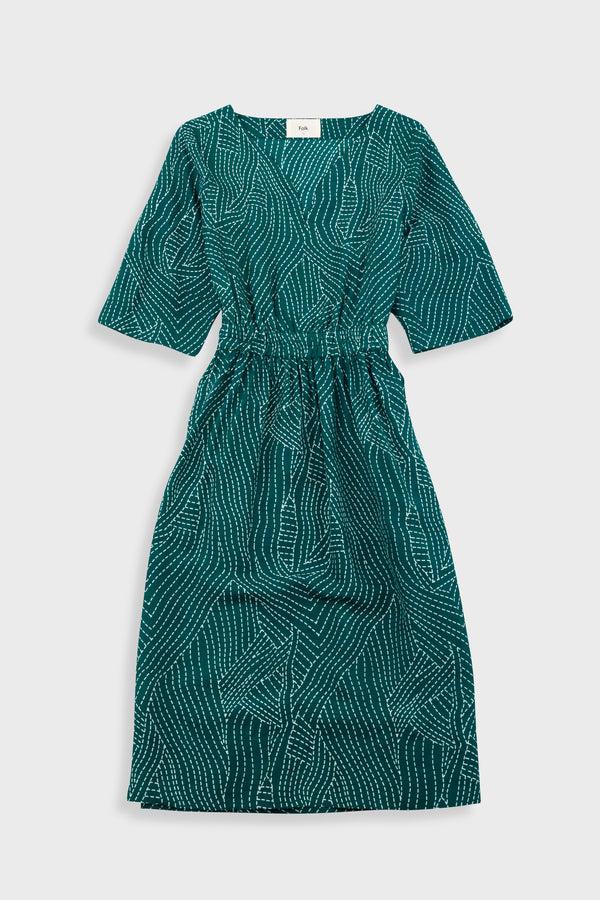 folk Gathered Dress - Vintage Green Stitch Print