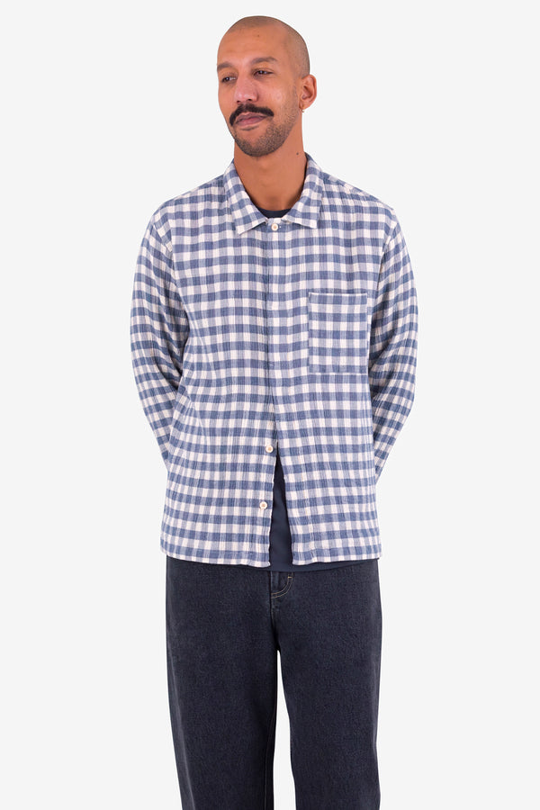 Folk Patch Shirt - Soft Blue Crinkle Check