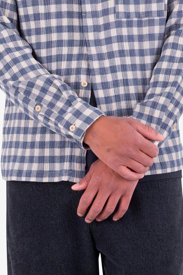 Folk Patch Shirt - Soft Blue Crinkle Check