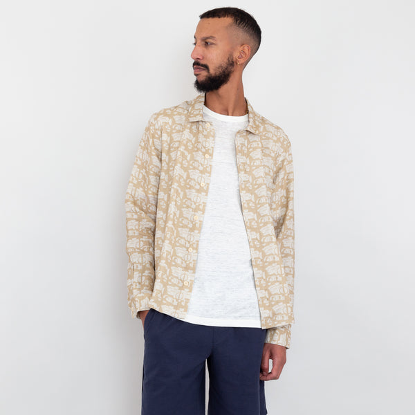Folk Patch Shirt - Tan Ecru Mini Wave Print