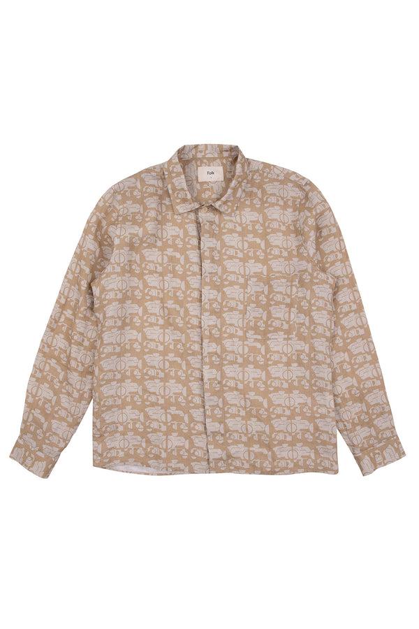 folk Patch Shirt - Tan Ecru Mini Wave Print