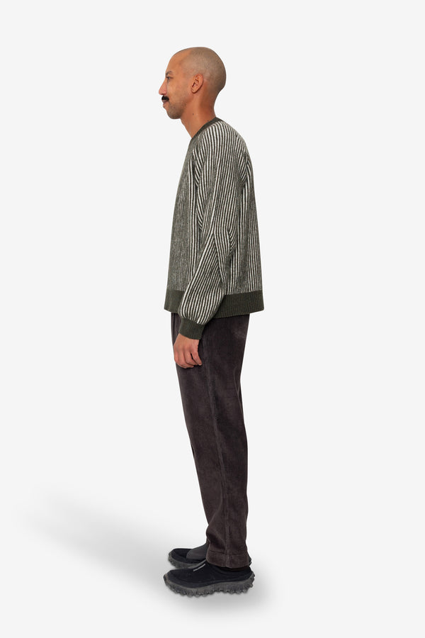 Folk Plated Rib Crew - Olive / Ecru