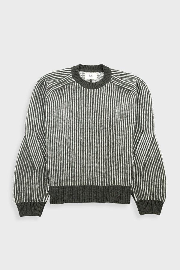 folk Plated Rib Crew - Olive / Ecru