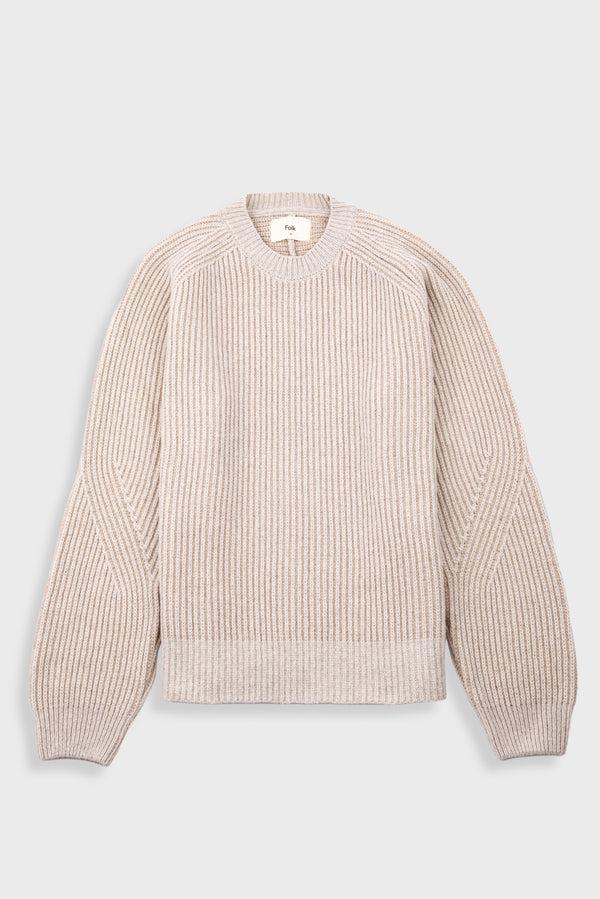 folk Plated Rib Crew - Stone / Ecru