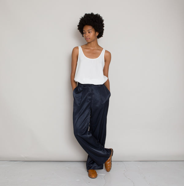 Folk Pleated Pant - Navy Satin