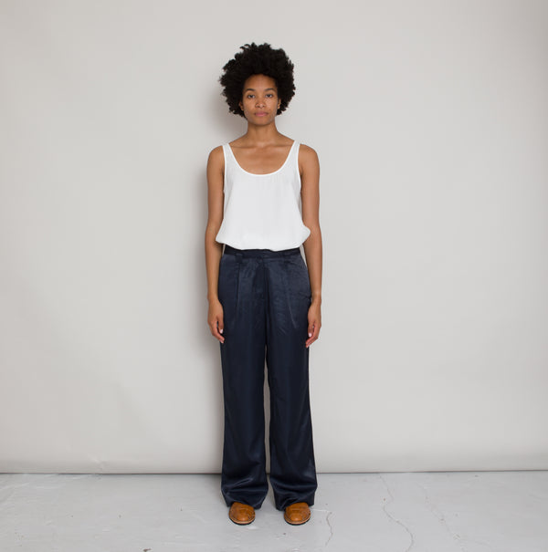 folk Pleated Pant - Navy Satin