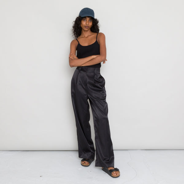folk Pleated Pants Women's - Black Satin