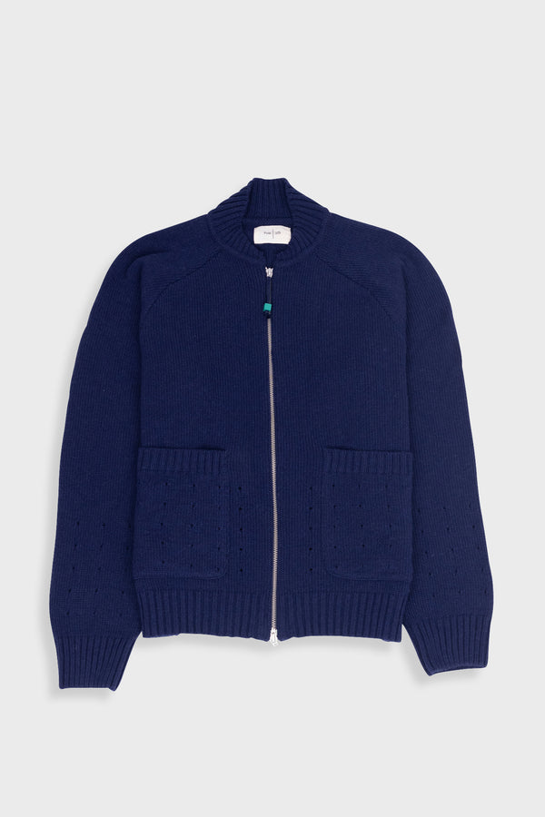 folk Pointelle Knit Bomber - Navy Melange