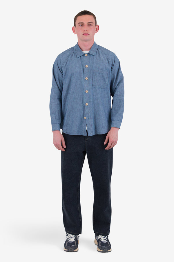 Folk Raglan Shirt - Washed Indigo Stripe