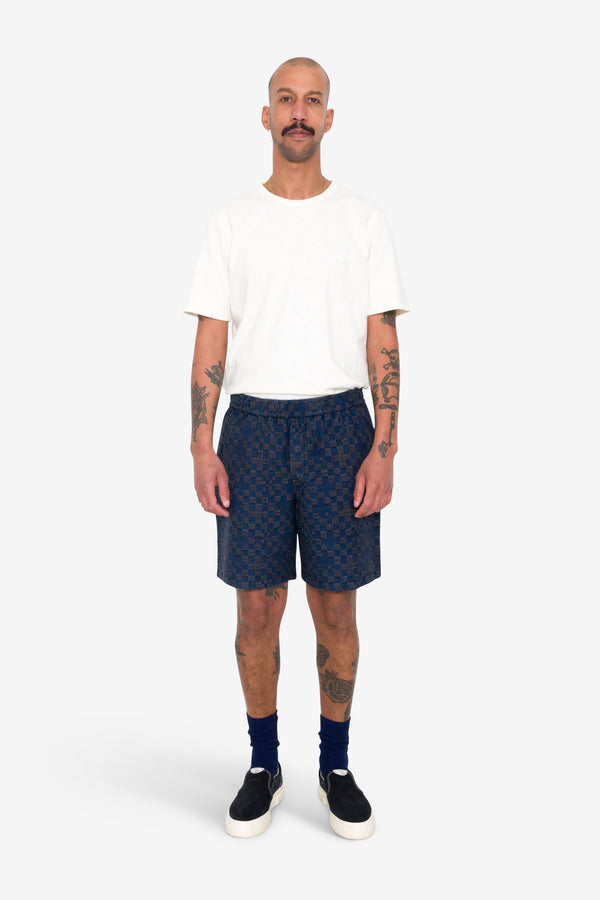 Folk Relaxed Short - Indigo Mix Checkerboard