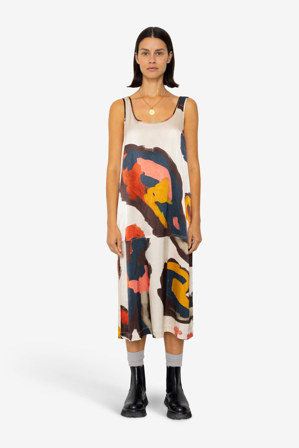 Folk Slip Dress - Impasto Print Satin