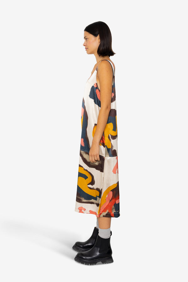 Folk Slip Dress - Impasto Print Satin