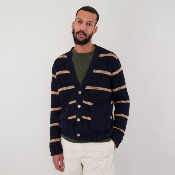 folk Waffle Cardigan - Navy Stripe