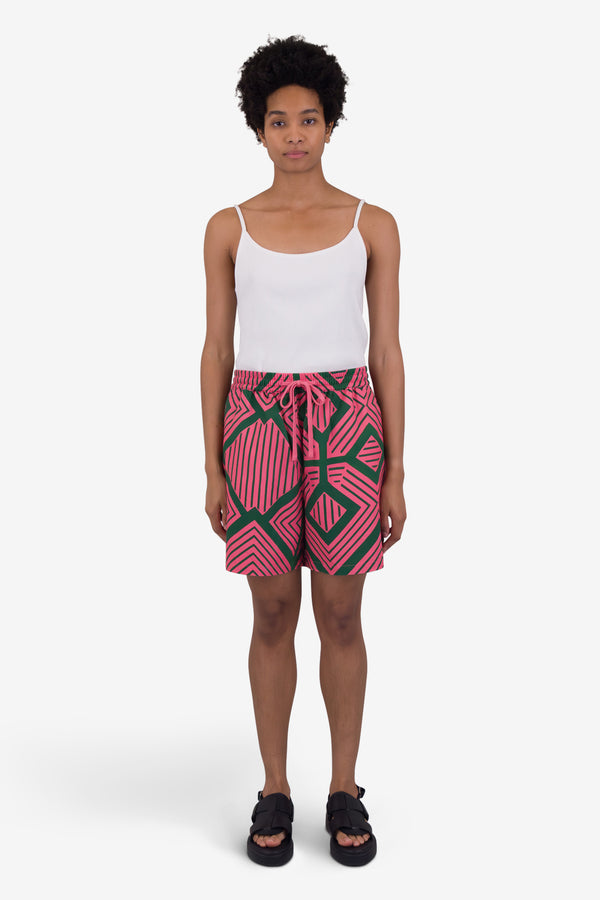 Folk Wide Signal Shorts - Pink Green Diamond Print