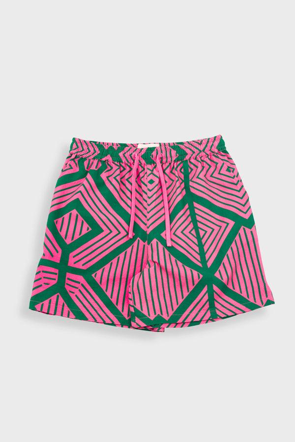 folk Wide Signal Shorts - Pink Green Diamond Print