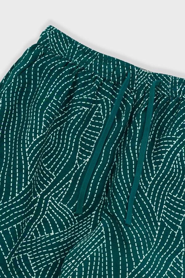 Folk Wide Signal Shorts - Vintage Green Stitch Print