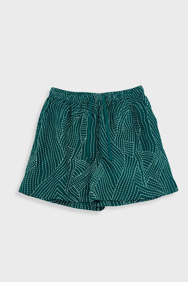 folk Wide Signal Shorts - Vintage Green Stitch Print