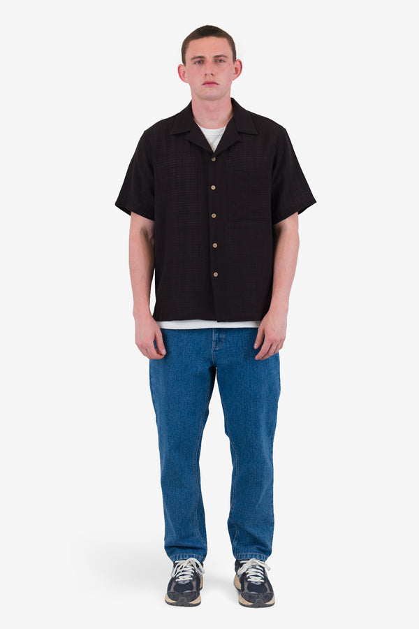 Folk Relaxed Soft Collar Shirt - Soft Black Open Weave Check