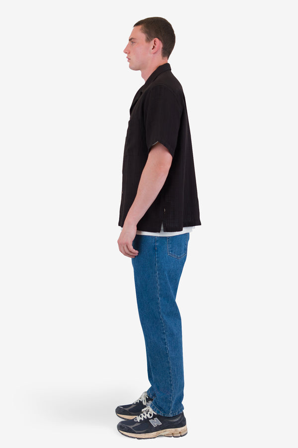 Folk Relaxed Soft Collar Shirt - Soft Black Open Weave Check