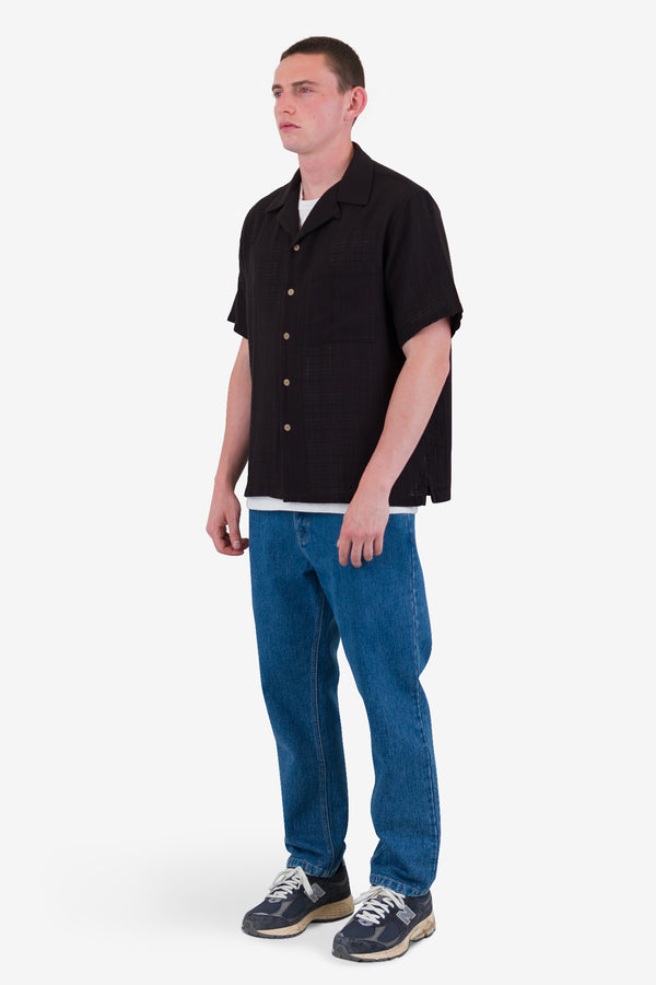 Folk Relaxed Soft Collar Shirt - Soft Black Open Weave Check
