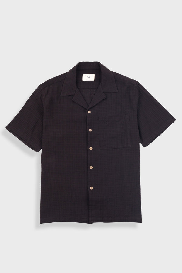 folk Relaxed Soft Collar Shirt - Soft Black Open Weave Check