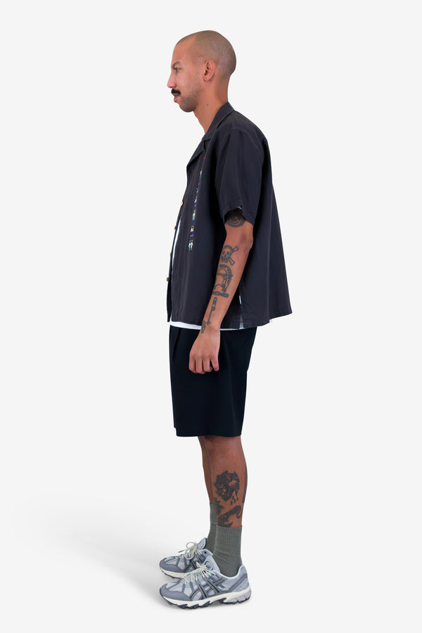 Folk Relaxed Soft Collar Shirt - Soft Black Track Embroidery