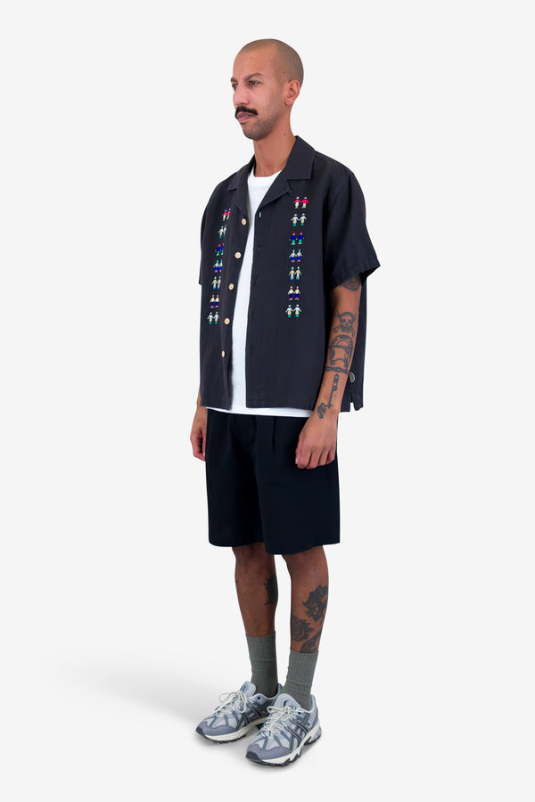 Folk Relaxed Soft Collar Shirt - Soft Black Track Embroidery