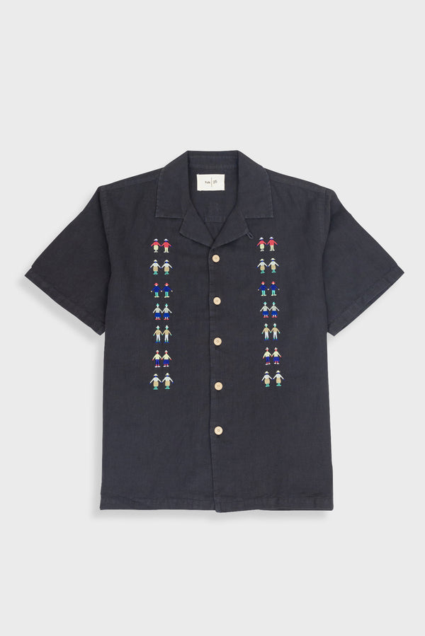 folk Relaxed Soft Collar Shirt - Soft Black Track Embroidery