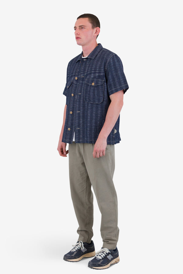 Folk Short Sleeve Revere Shirt - Navy Textured Stripe