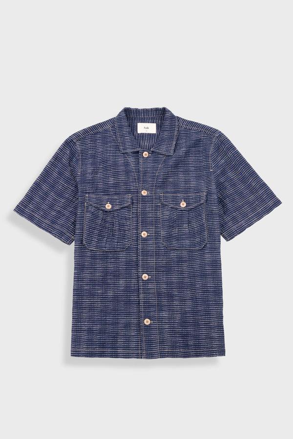 folk Short Sleeve Revere Shirt - Navy Textured Stripe