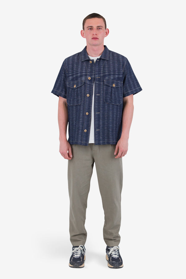 Folk Short Sleeve Revere Shirt - Navy Textured Stripe
