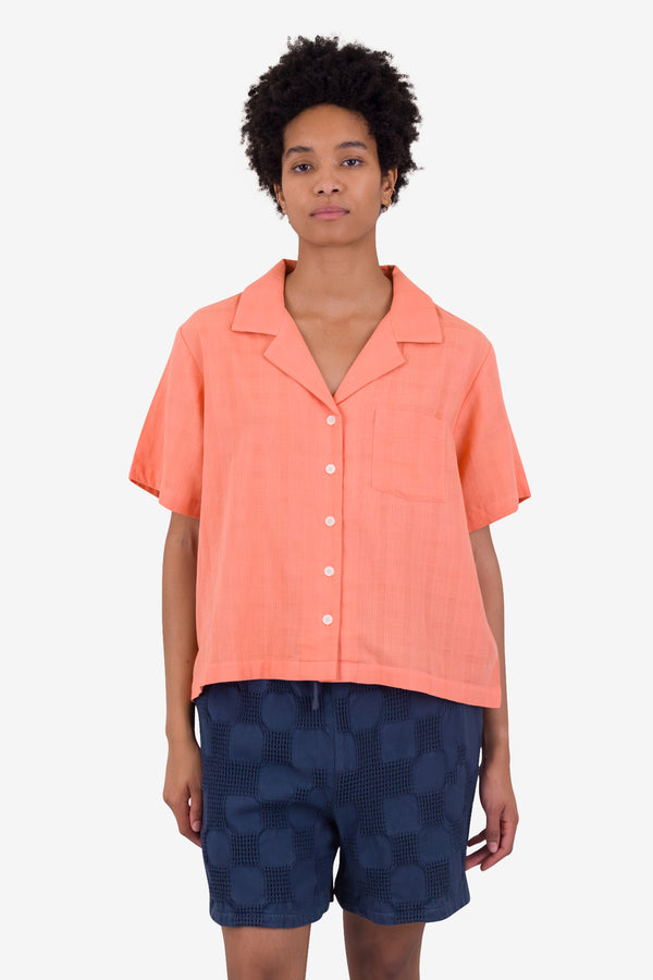 Folk Short Sleeve Soft Collar Shirt - Coral Double Layer Voile
