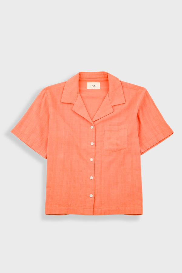 folk Short Sleeve Soft Collar Shirt - Coral Double Layer Voile