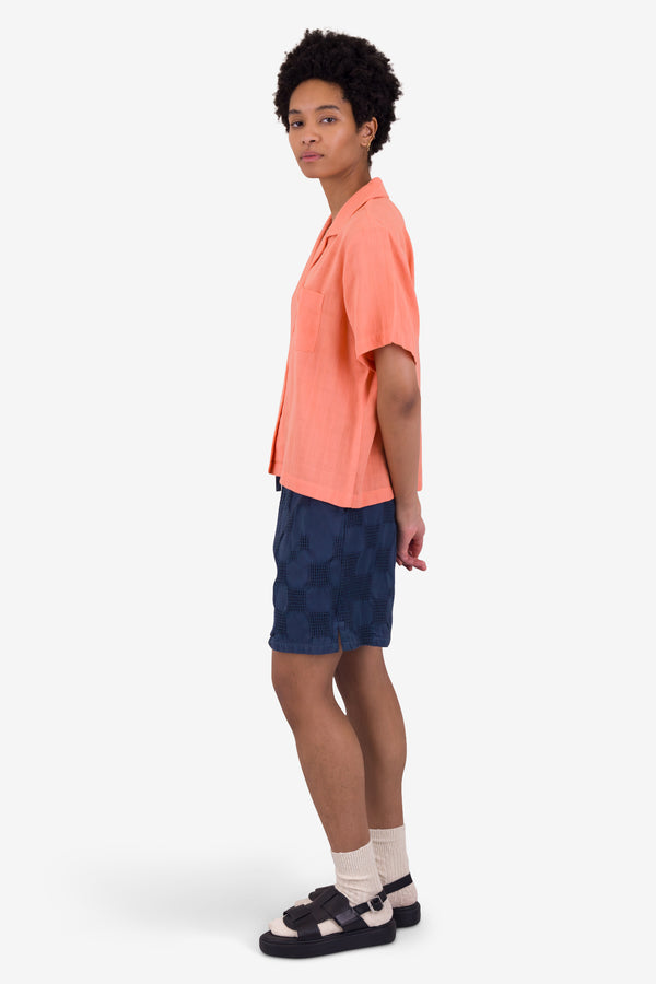 Folk Short Sleeve Soft Collar Shirt - Coral Double Layer Voile